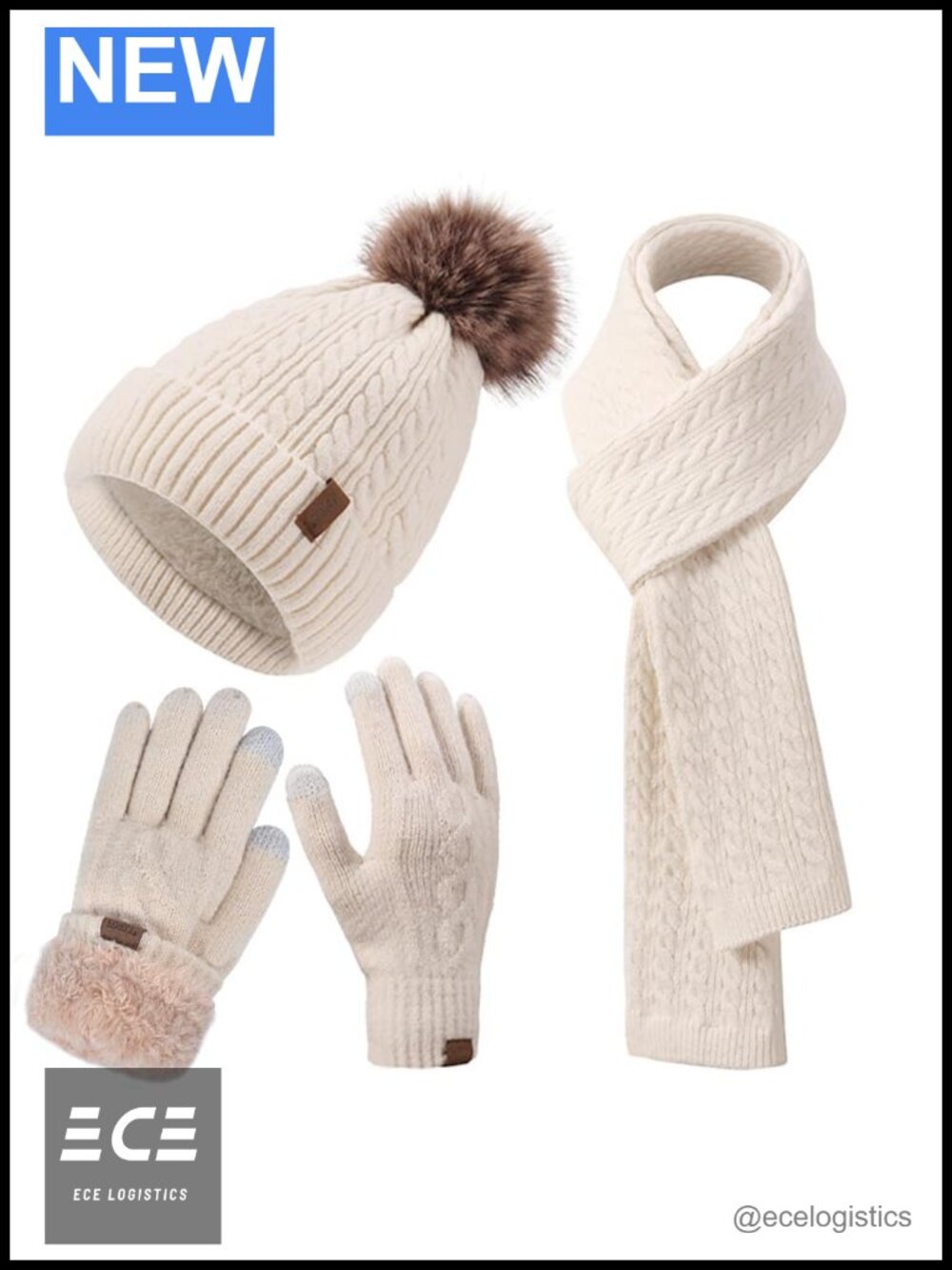 Women's Winter Hat Scarf Gloves Set Cable Beanie Removable Pom Pom Touchscreen